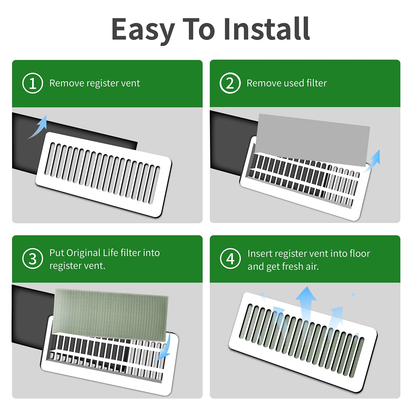 Originallife Washable Reusable Professional, Air Vent Filter, AC Vent Filter, Floor Register Filter for Home (Grey), 4" x 10", Reduce Dust, Dirt, Odor, Pollen, Hair, Aero-grade filter, 6-Pack