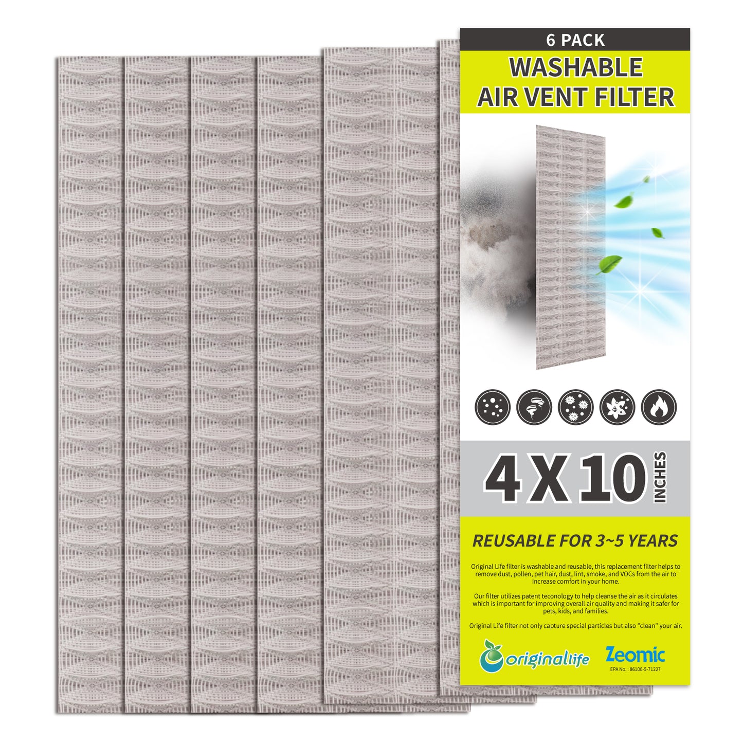 Originallife Washable Reusable Professional, Air Vent Filter, AC Vent Filter, Floor Register Filter for Home (Grey), 4" x 10", Reduce Dust, Dirt, Odor, Pollen, Hair, Aero-grade filter, 6-Pack