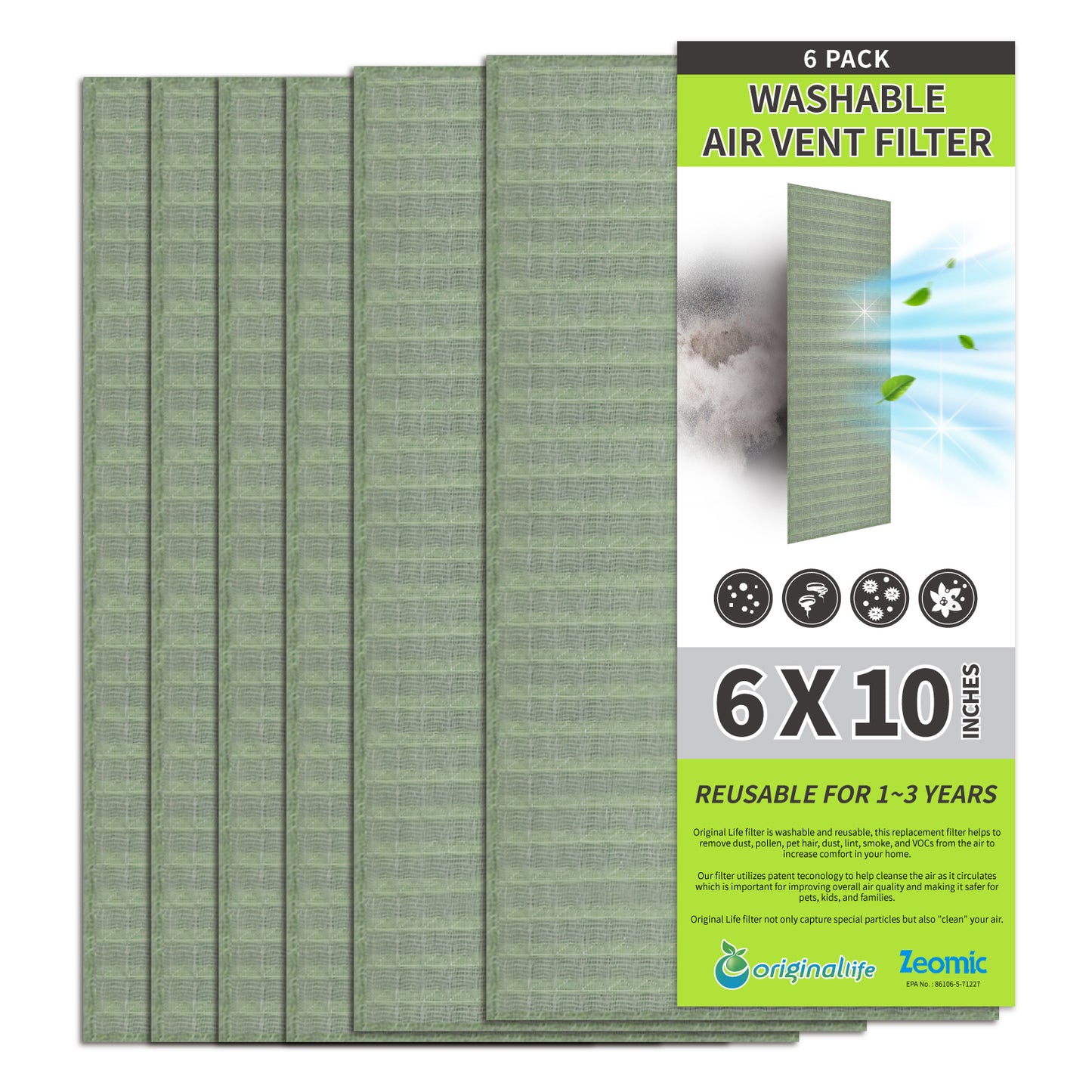 Originallife Washable Reusable Professional, Air Vent Filter, AC Vent Filter, Floor Register Filter for Home, 6" x 10", Reduce Dust, Dirt, Odor, Pollen, Hair, Aero-grade filter, 6-Pack
